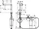 Hansgrohe Wasserfiltersystem mit verschiedenen Rohrdimensionen und Anschlüssen. Darstellung der Montage und technischen Details in zwei Ansichten.